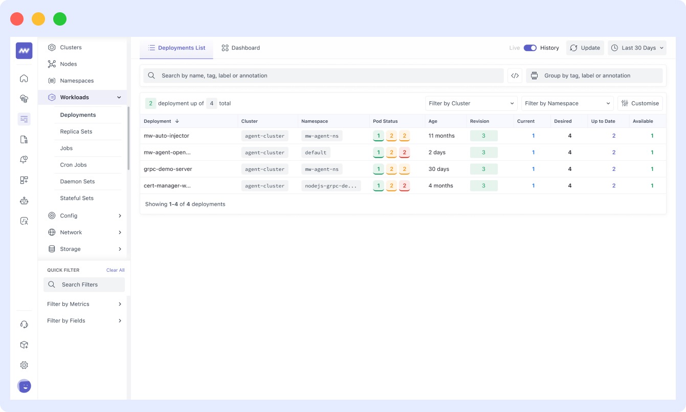 Kubernetes dashboard of Middleware for deplyoyment list