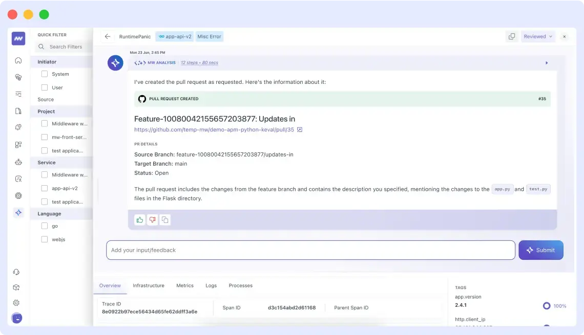 AI observability copilot assisting IT teams by detecting issues, analyzing root causes, and automating fixes