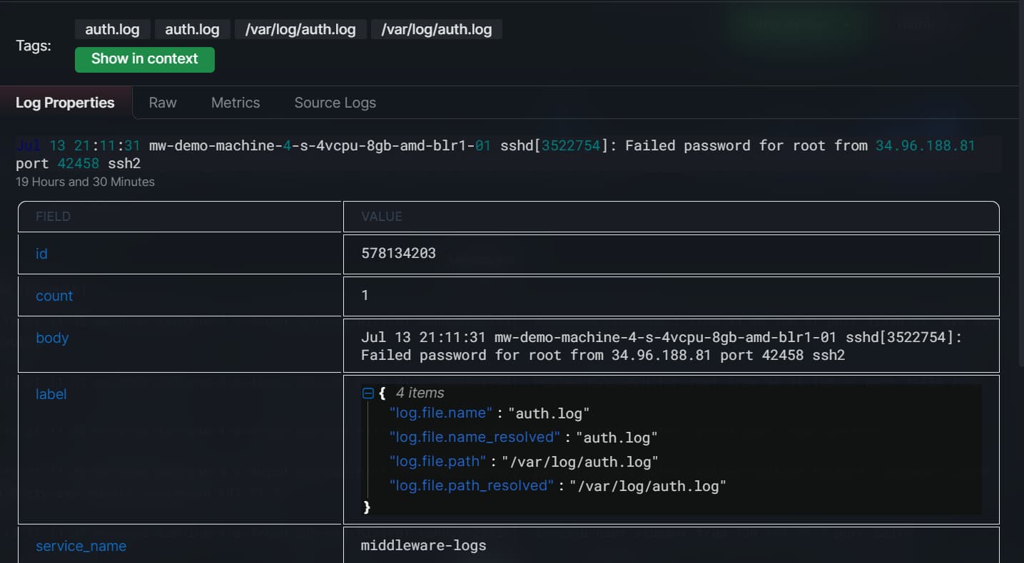 error message with logs