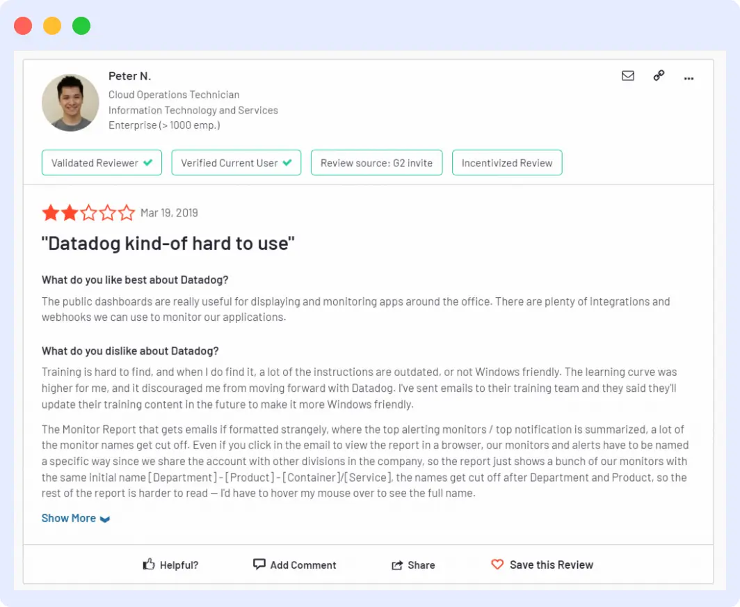 Datadog’s review on G2 