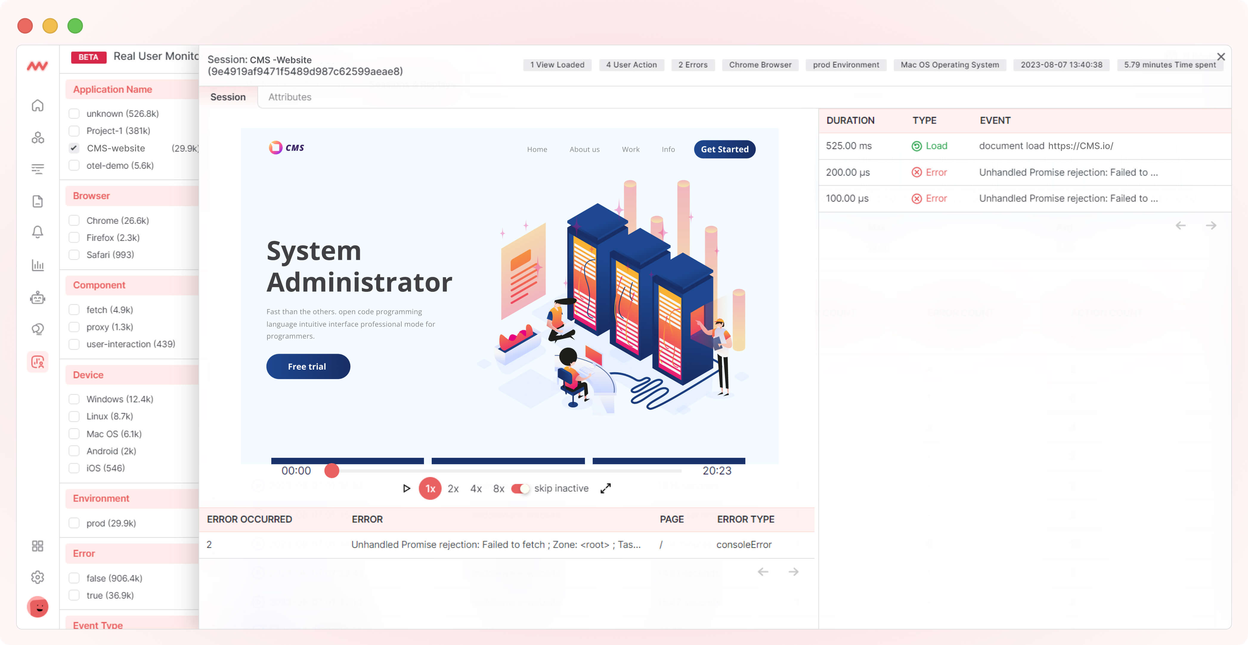 Session replays in Middleware RUM