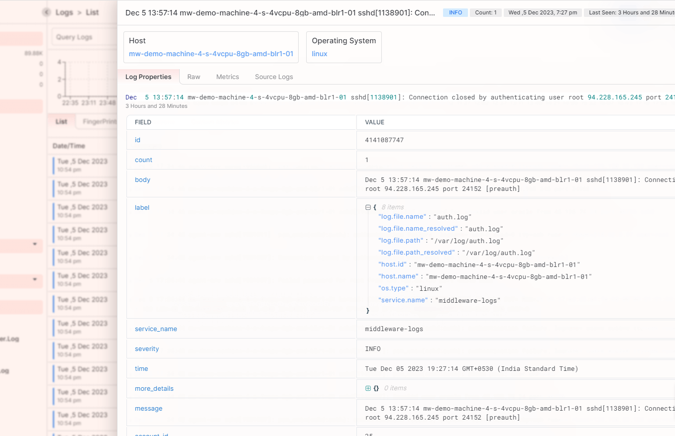 Log monitoring in Middleware