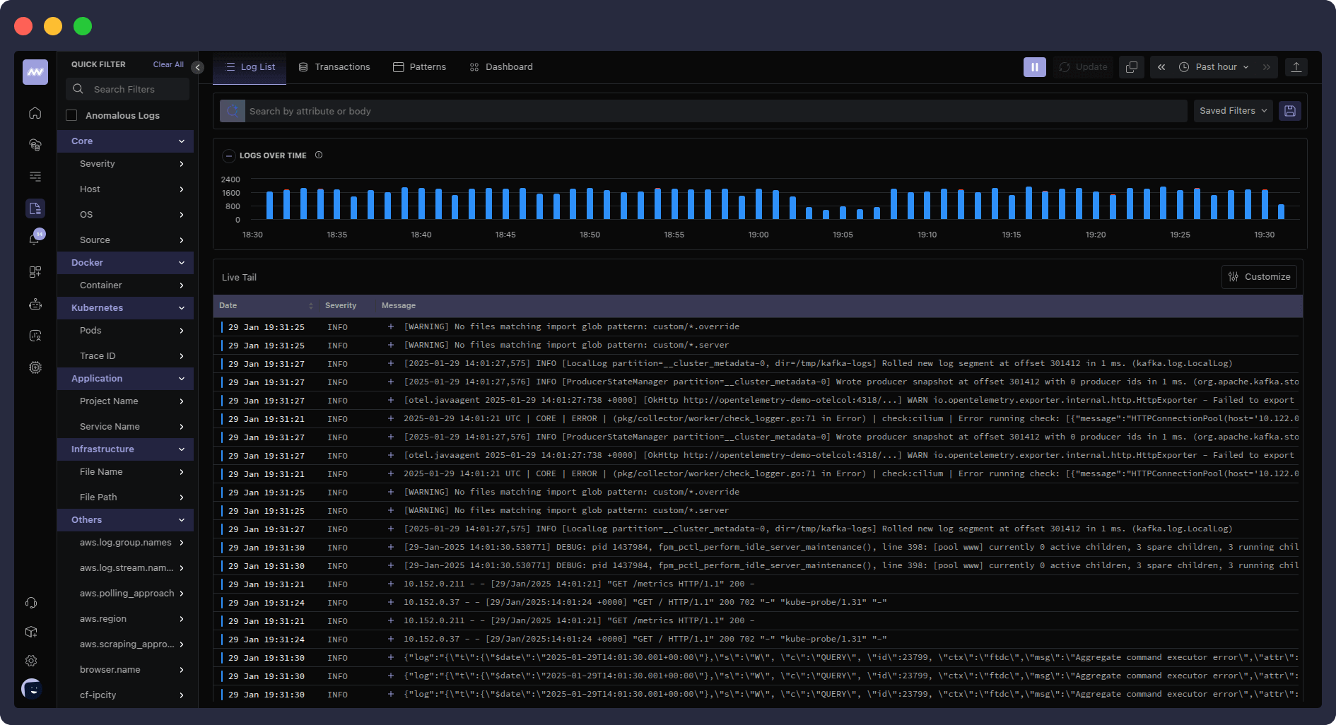 Middleware log monitoring screen offering in-depth analysis and visibility into application logs for efficient problem resolution.