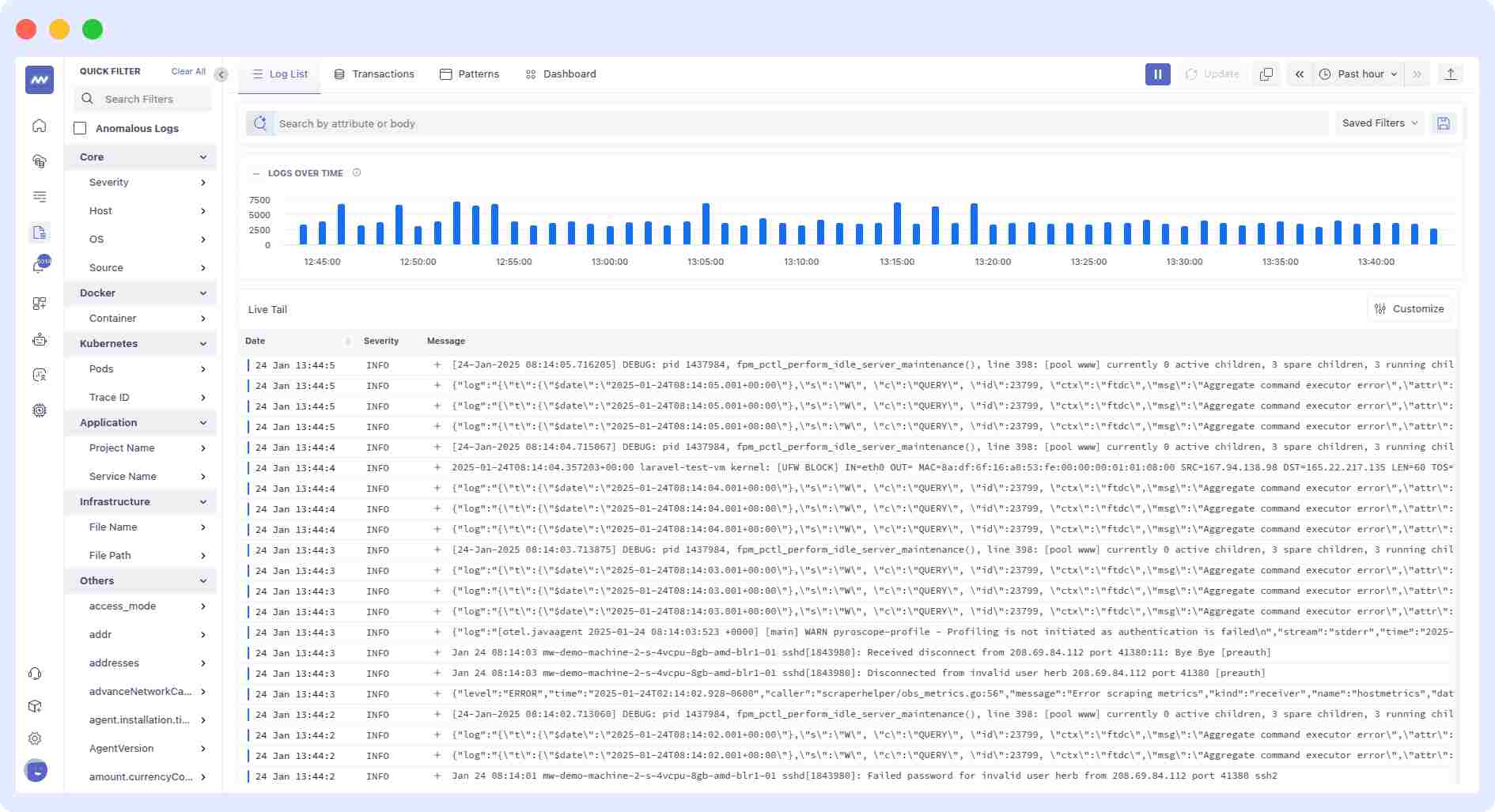 Middleware log management for opentelemetry