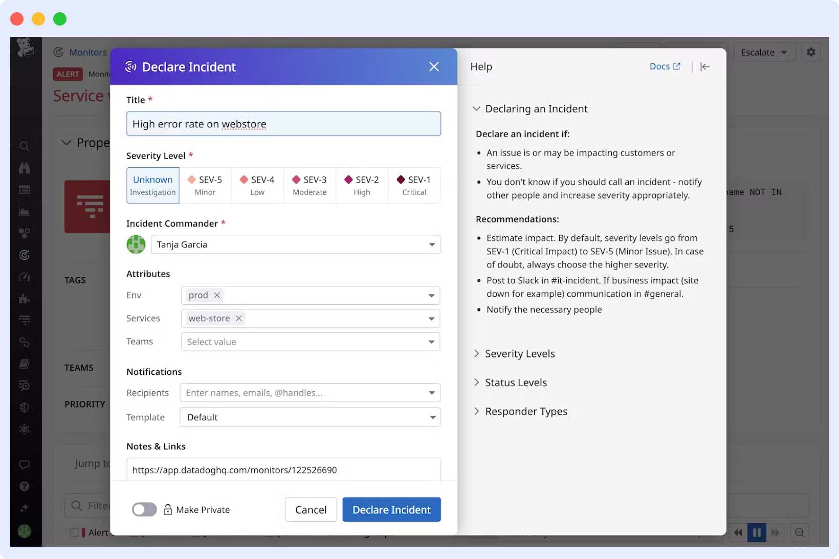 Datadog incident management dashboard showing open incidents and alert severity levels.
