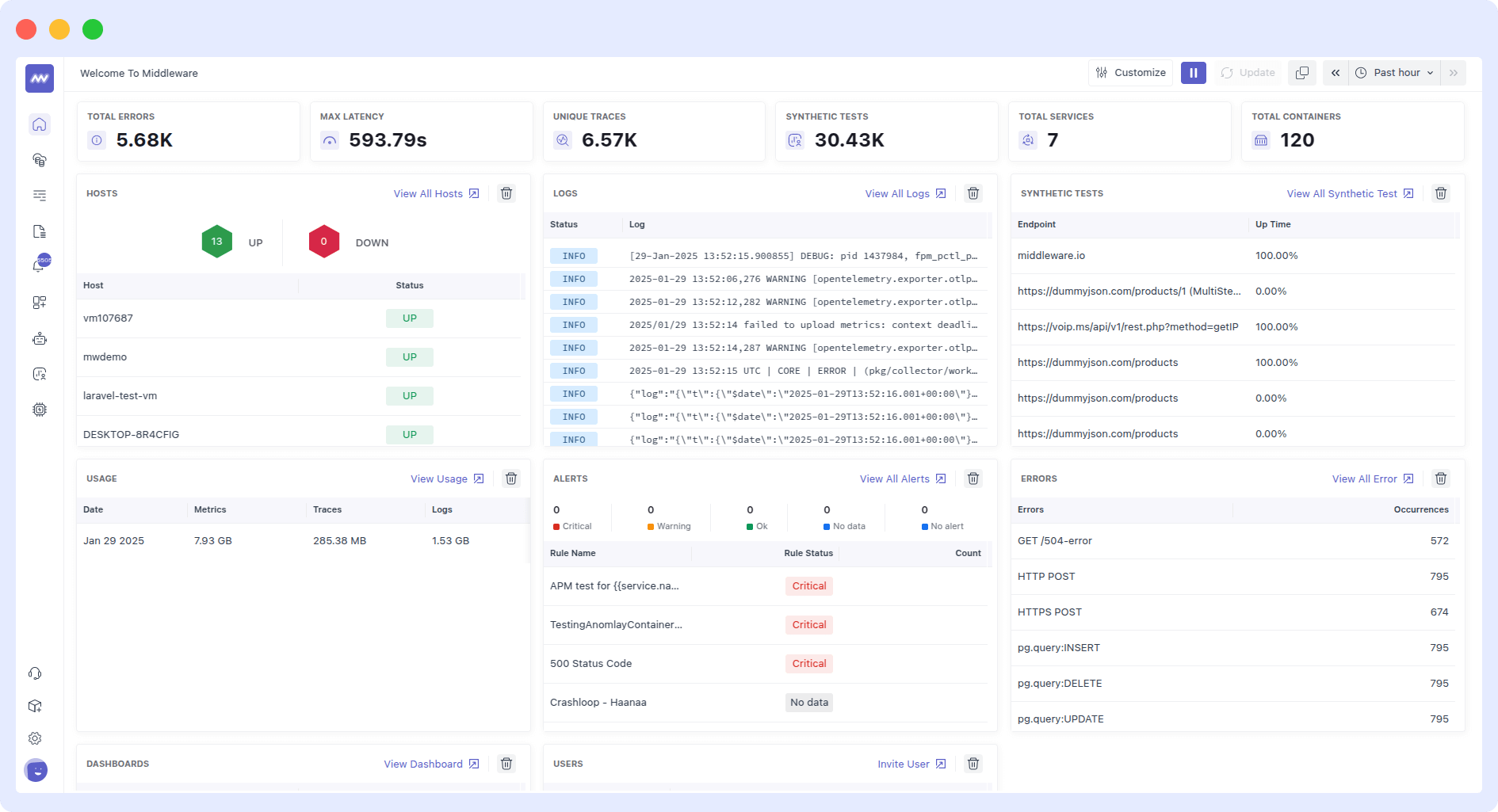 Screenshot of Middleware interface displaying systemctl logs alongside other performance metrics for deeper insights and proactive issue resolution.