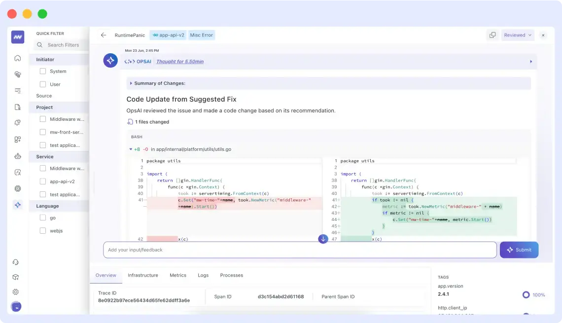 Code updates from the suggested fixes by OpsAI Observability co-pilot