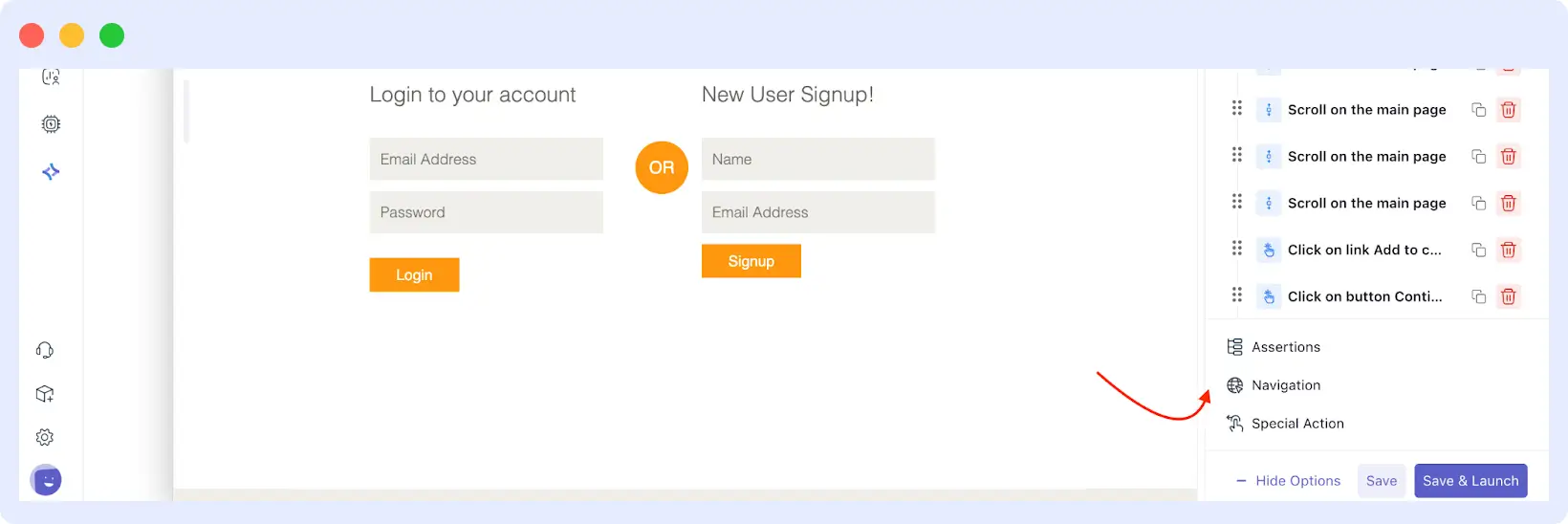 Middleware browser test setup screen showing the option to save and launch