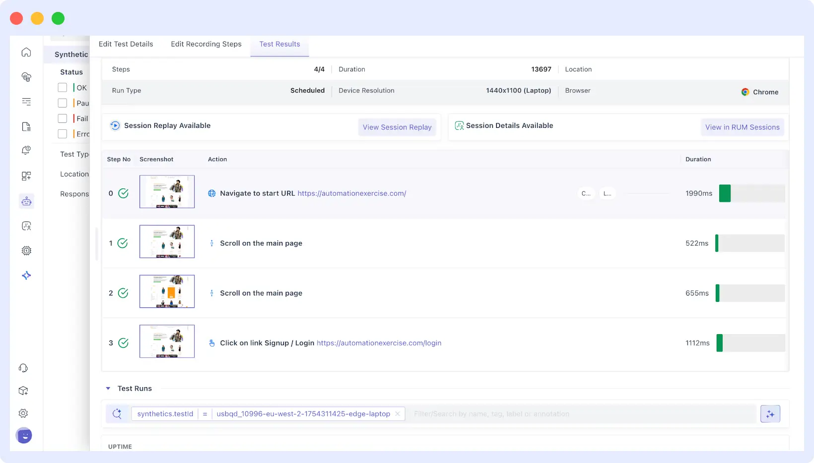Middleware uptime logs with pass and fail test results and step screenshot