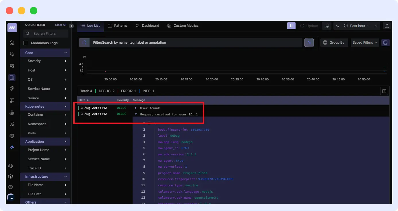 Middleware dashboard showing detailed log entry with metadata and JSON payload