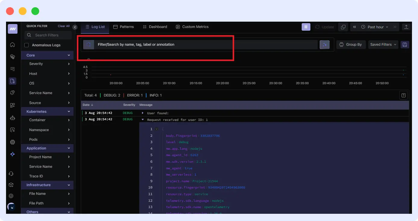 Middleware dashboard filters showing options to view logs by severity, time range, and service route.