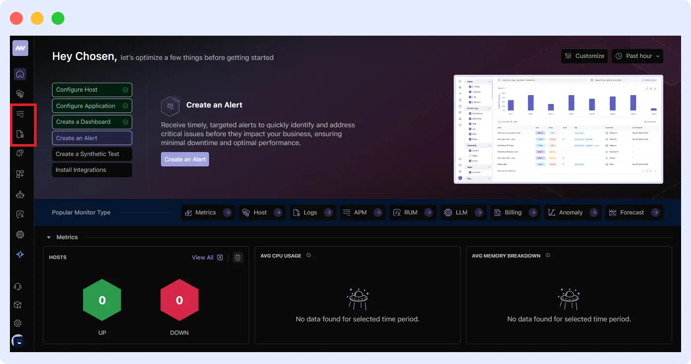 Middleware dashboard showing Logs and APM section for monitoring Node.js application activity.