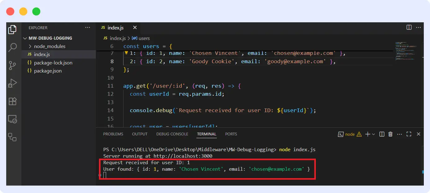 Terminal output showing debug log messages for /user/1 request in Node.js Express app