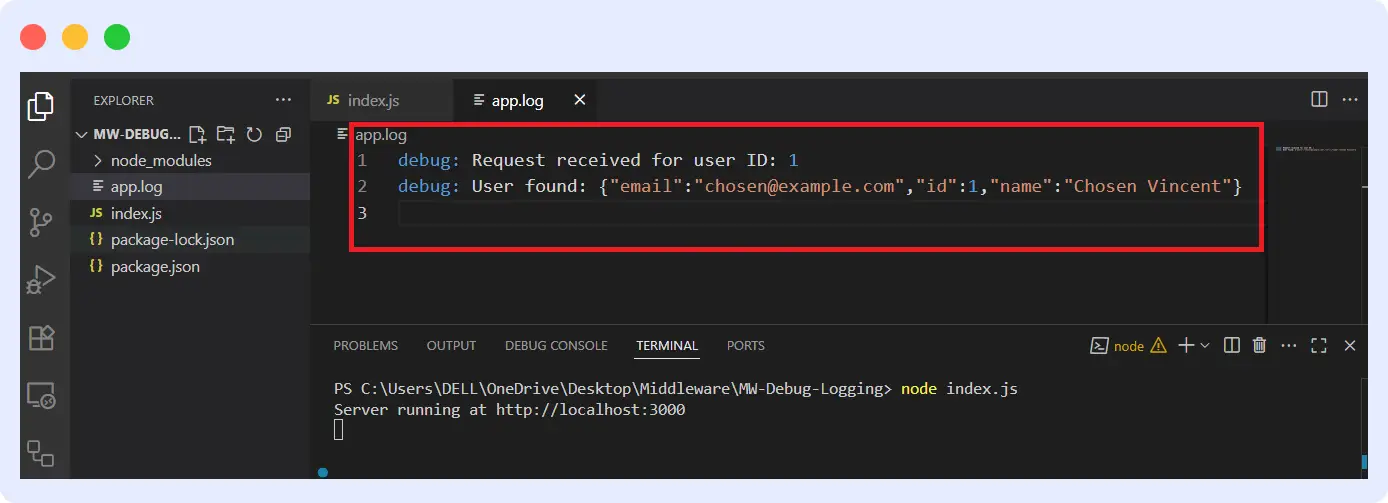 Example of Winston logger writing debug messages to app.log file in a Node.js application.