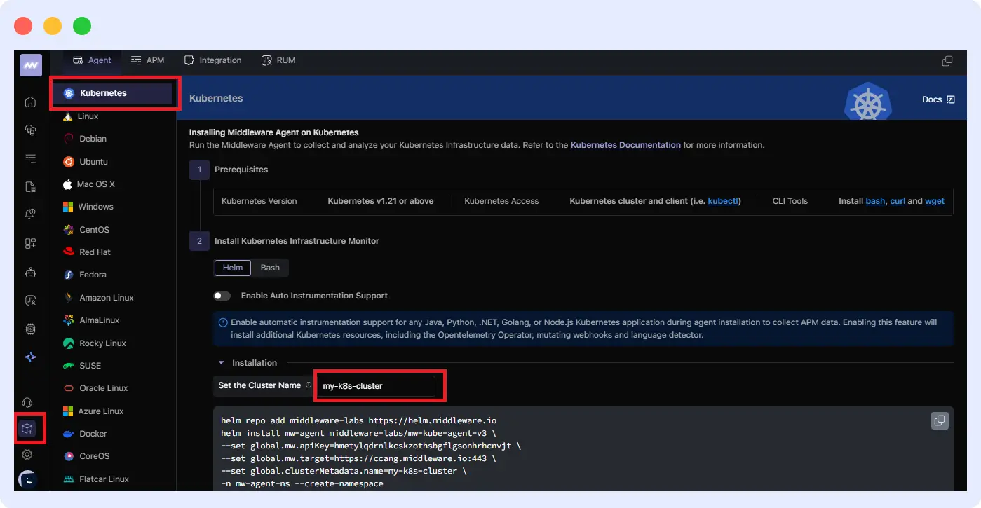 K8 Middleware Agent install command with cluster name and API key for pod monitoring
