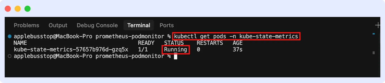 Kube-State-Metrics deployment status in Kubernetes cluster, showing it is running successfully