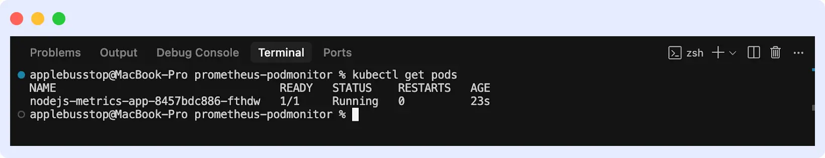 Terminal showing the output of kubectl get pods listing all Kubernetes pods in a cluster