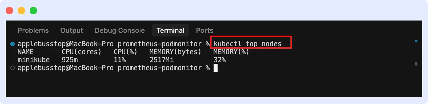 Kubernetes node metrics displayed using kubectl, showing CPU and memory usage for each node