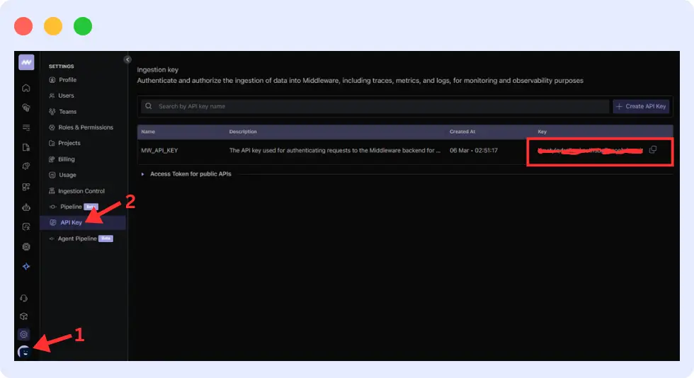 Command snippet showing Middleware Helm installation with API key and cluster name placeholders