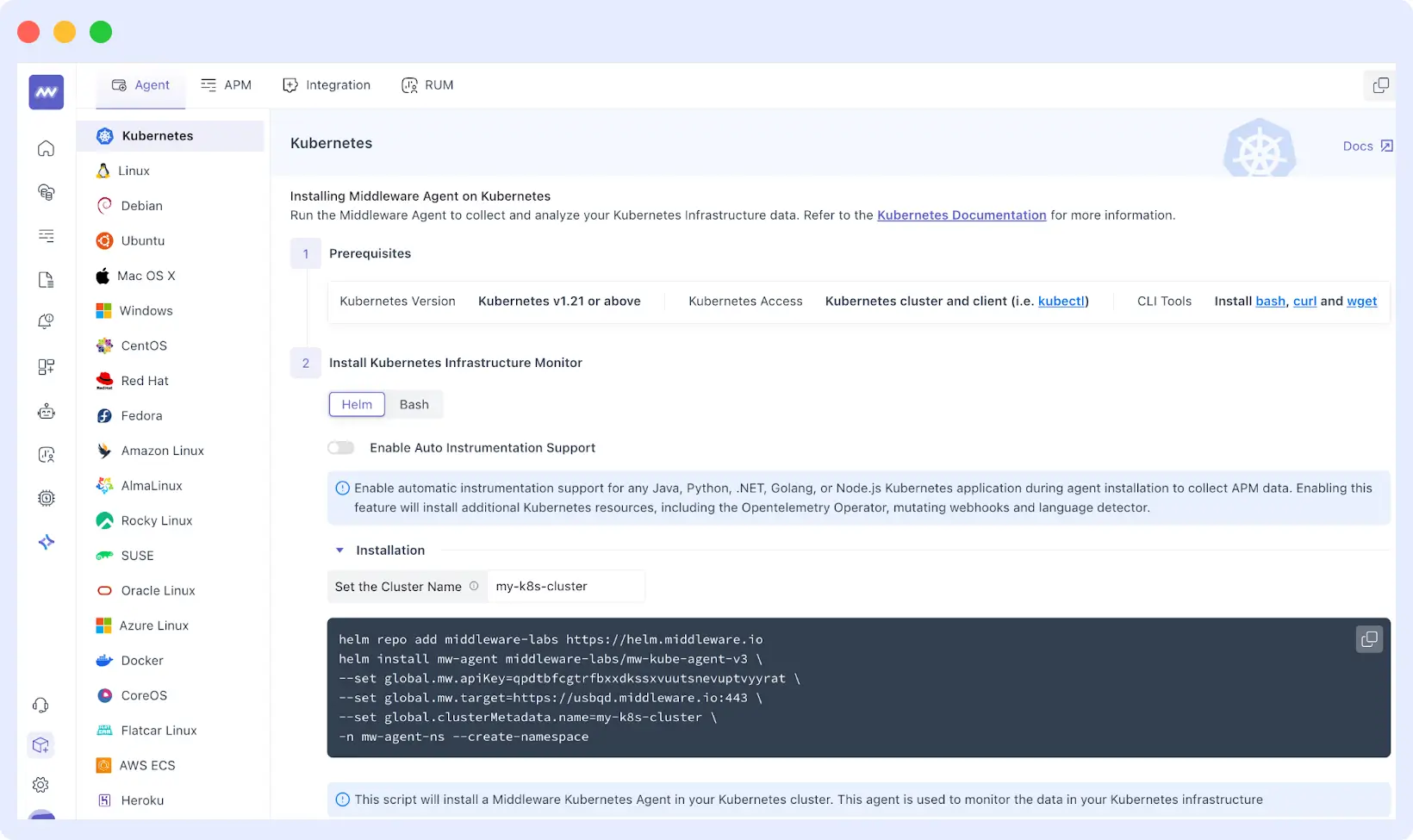 Middleware dashboard showing Kubernetes cluster monitoring with logs, metrics, and traces