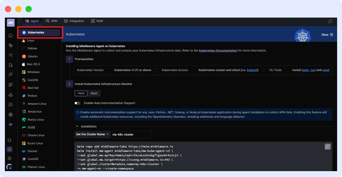 Middleware dashboard showing Kubernetes infrastructure selection and cluster naming fields
