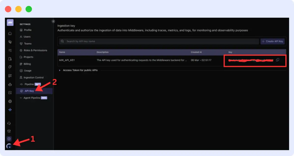 Accessing Middleware API key from dashboard