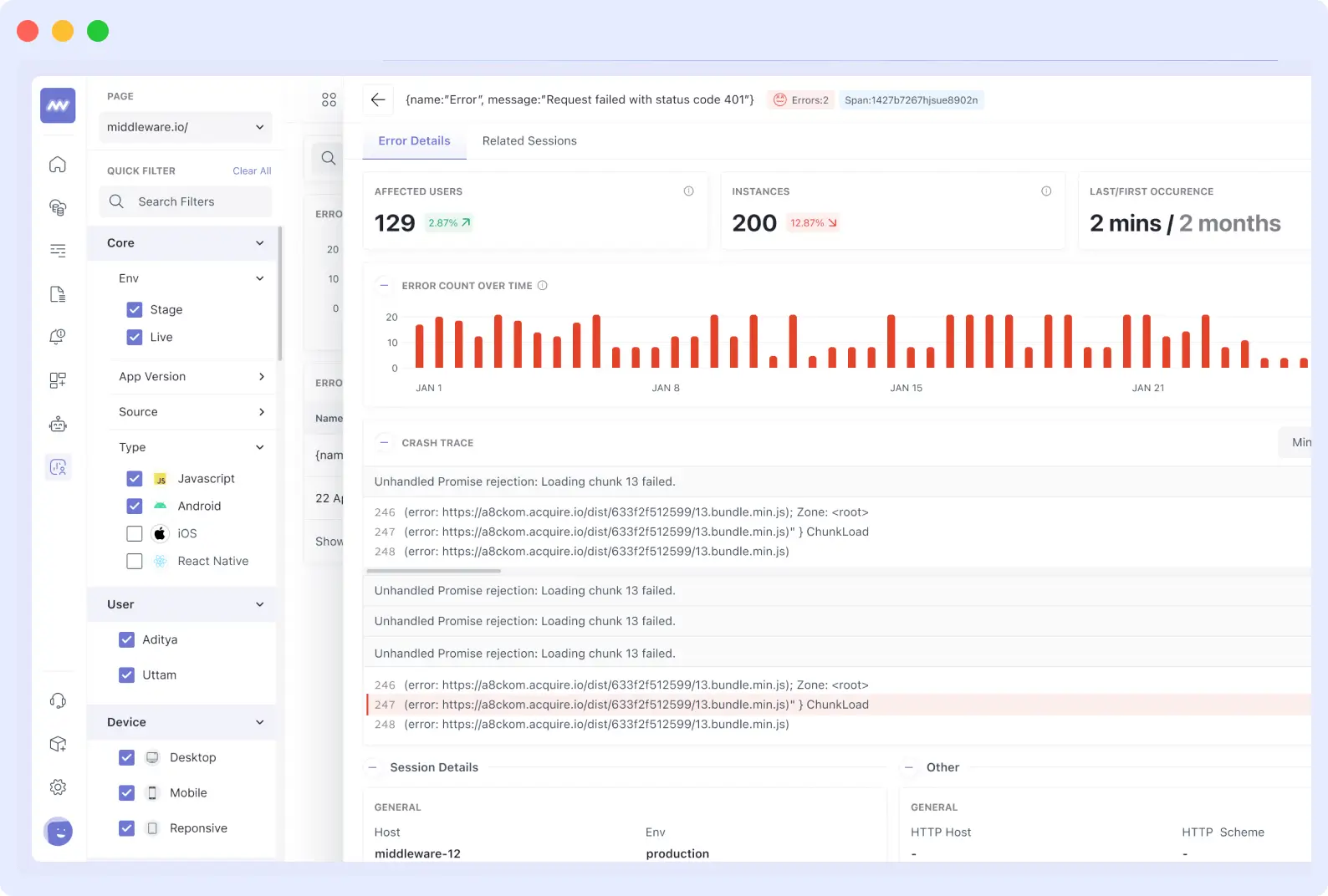 Middleware error monitoring grouping related user errors and showing impact
