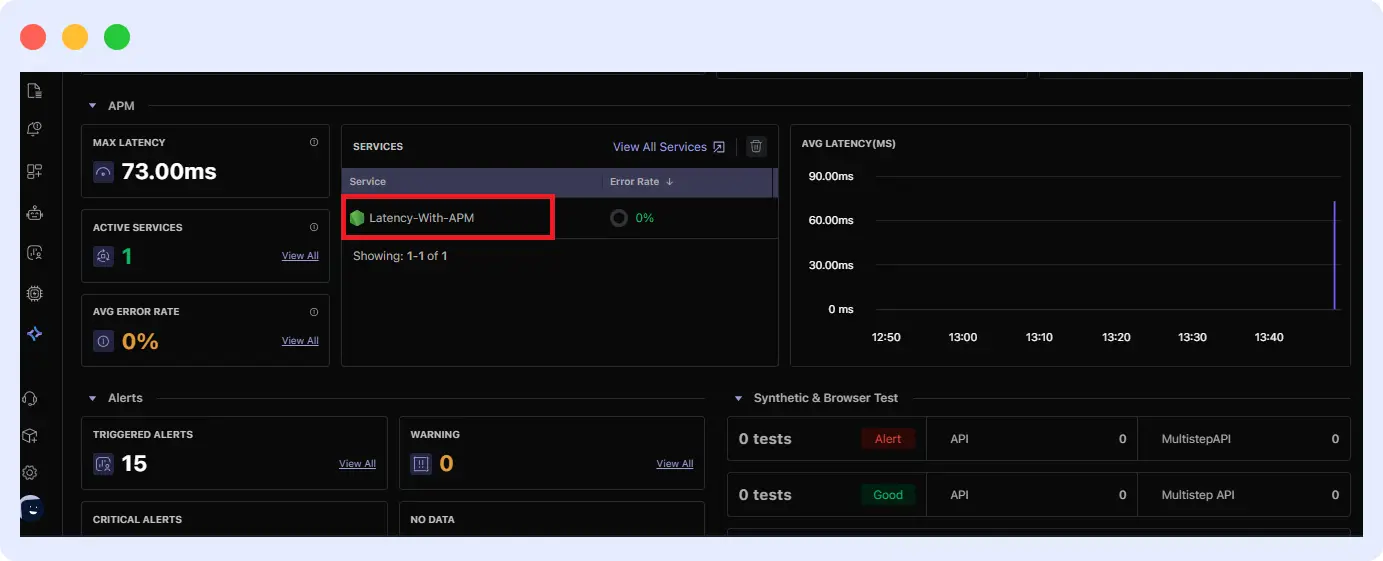 Middleware dashboard showing connected service