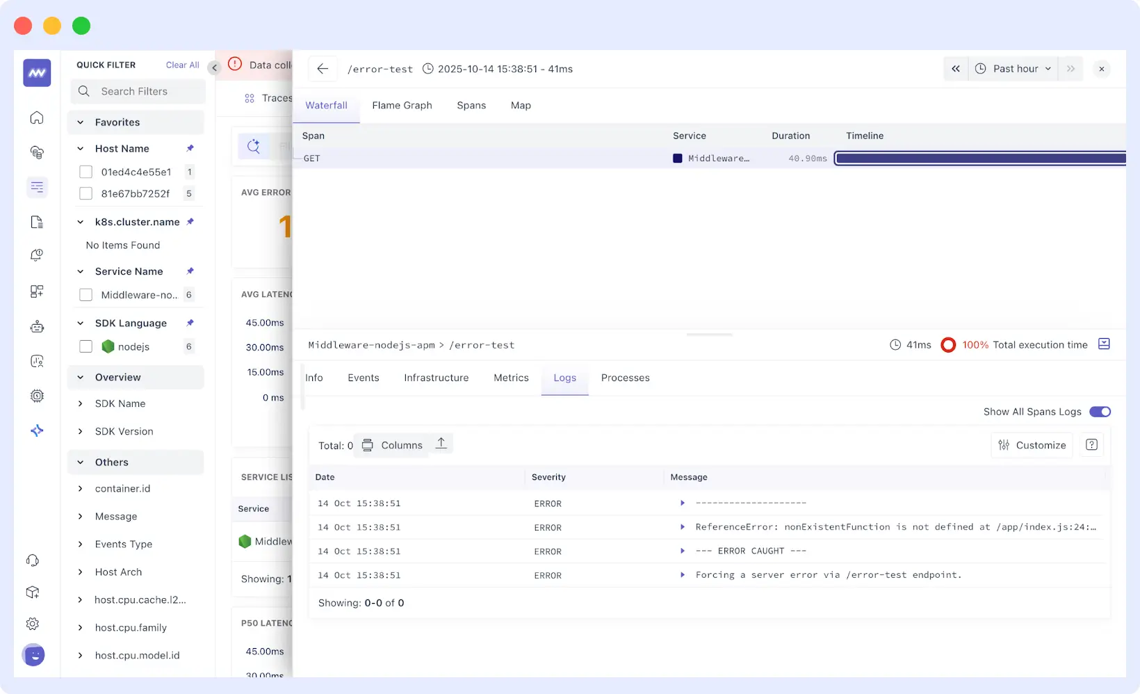 Unified observability dashboard showing logs, metrics, traces, and deployments in one view with Middleware.