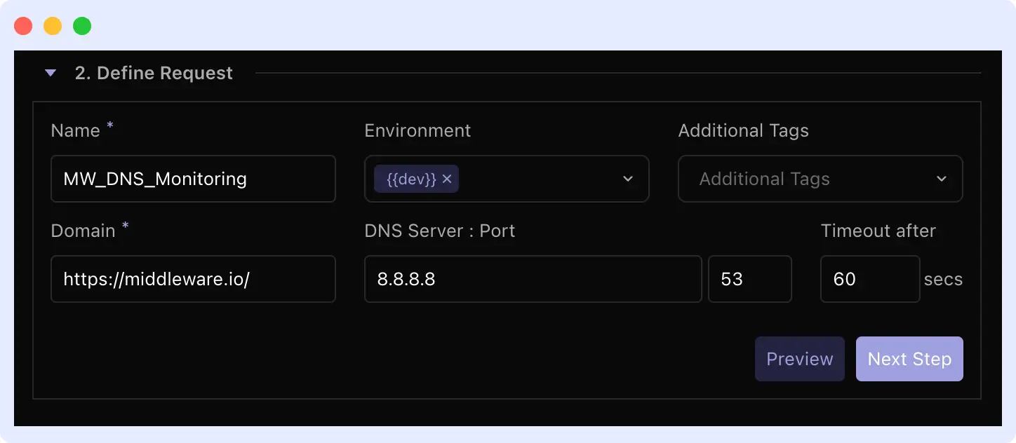 Configuring DNS request parameters in Middleware monitoring setup