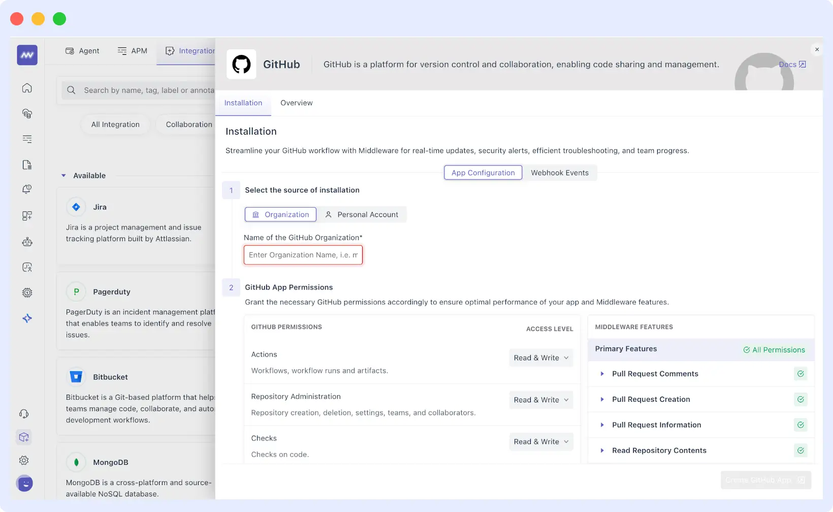 Middleware OpsAI connected with GitHub to analyze code and link errors to commits