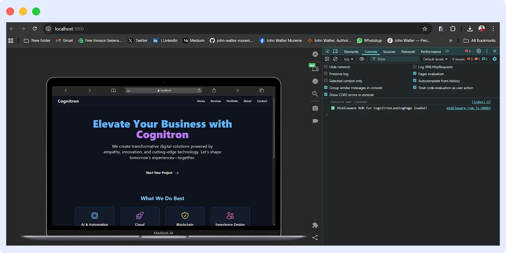 Middleware API log message in browser developer console
