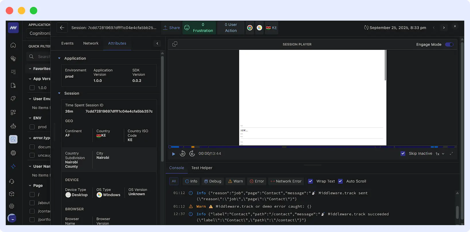 Middleware dashboard showing captured error details and device-specific attributes