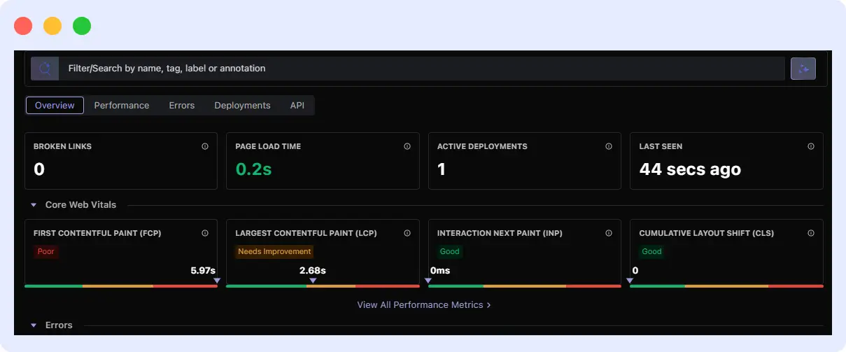 Middleware RUM dashboard showing real-user Core Web Vitals performance across different devices and user segments.