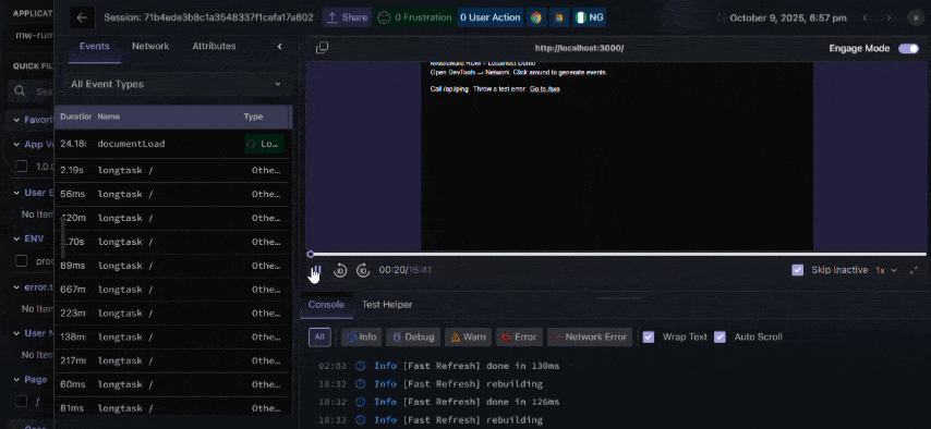 Middleware RUM dashboard showing session replay, click heatmaps, and user interaction insights.