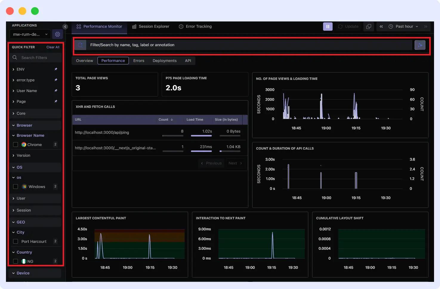 Middleware RUM dashboard showing performance breakdown by location, device, browser, and OS