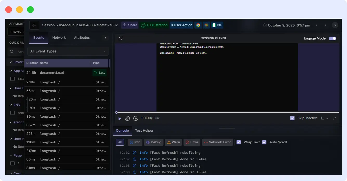 User experience monitoring session replay showing a user session linked with backend logs and traces.