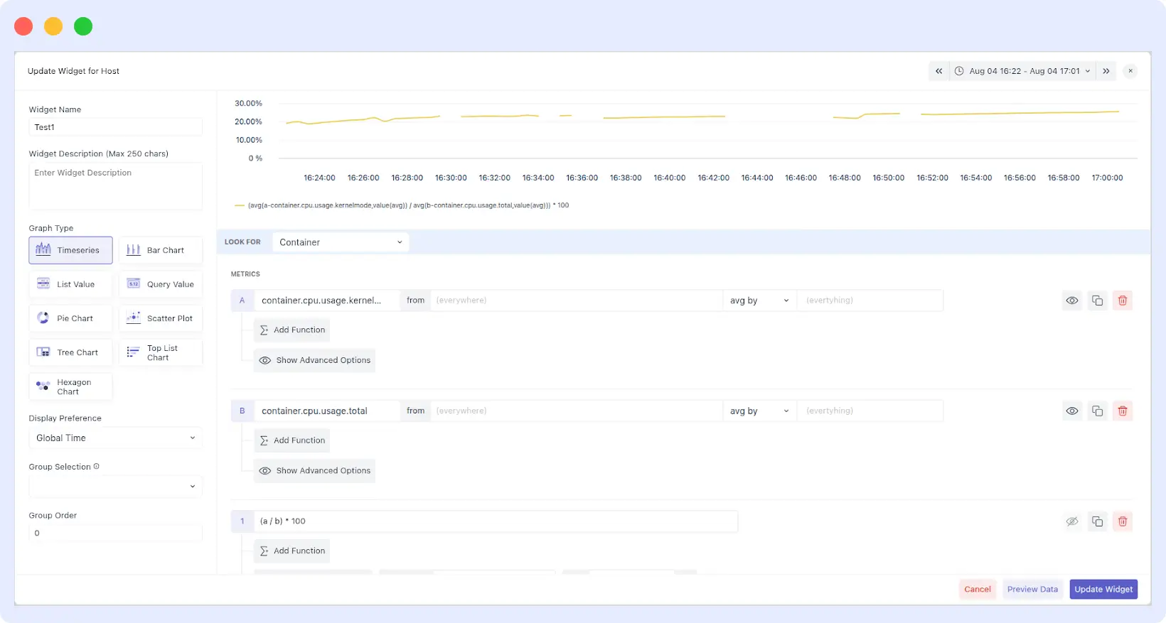 with advanced querying, Boolean filters, custom formulas, and time-shifting for precise observability dashboards.
