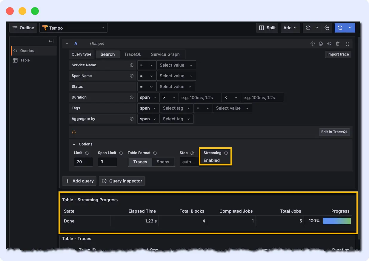 Grafana Tempo TraceQL query interface with streaming enabled showing real-time trace query progress and job completion status