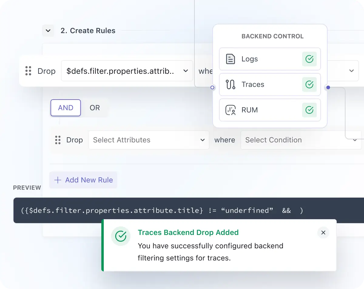Backend control in observability pipeline to reduce data volume and costs