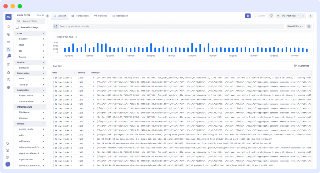 Middleware's Log monitoring dashboard