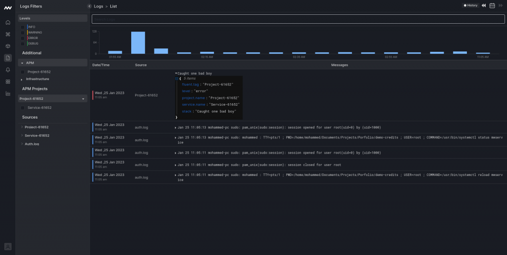  error logs in Log view for Nodejs performance monitoring