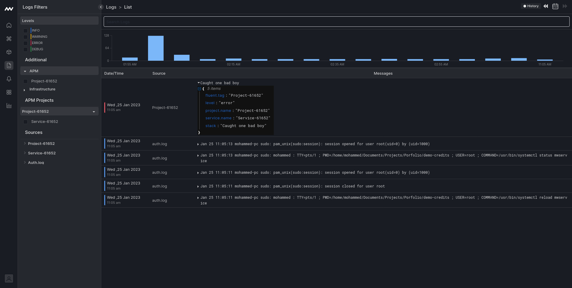 error logs in Log view for Nodejs performance monitoring
