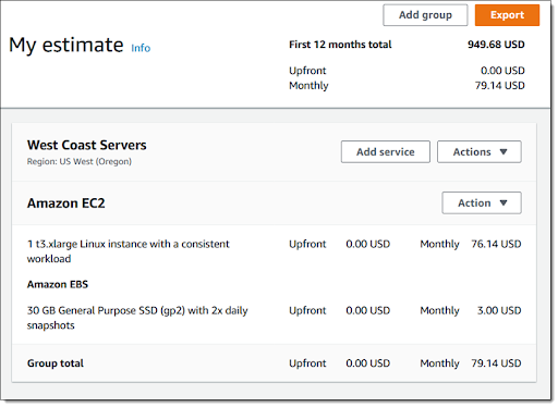 AWS Pricing Calculator dashboard