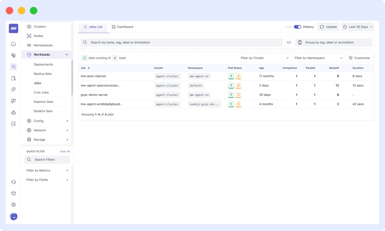 Kubernetes dashboard of Middleware for job list