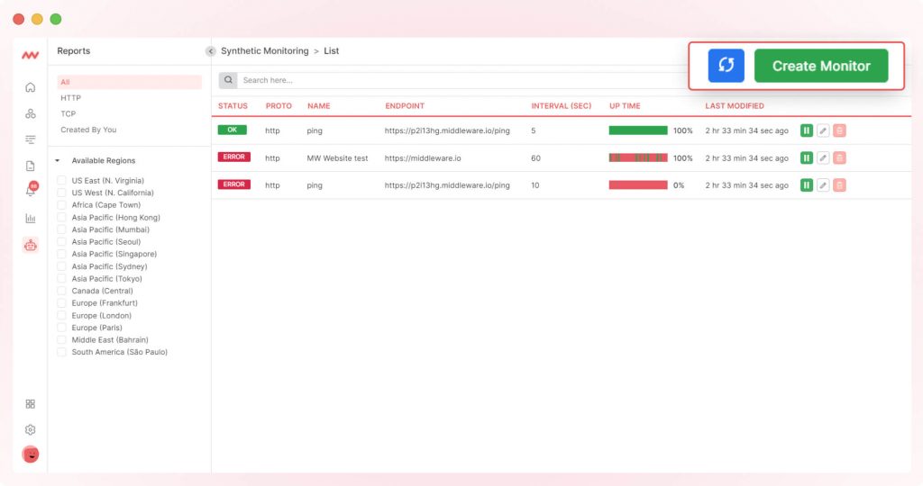 List view of custom monitors