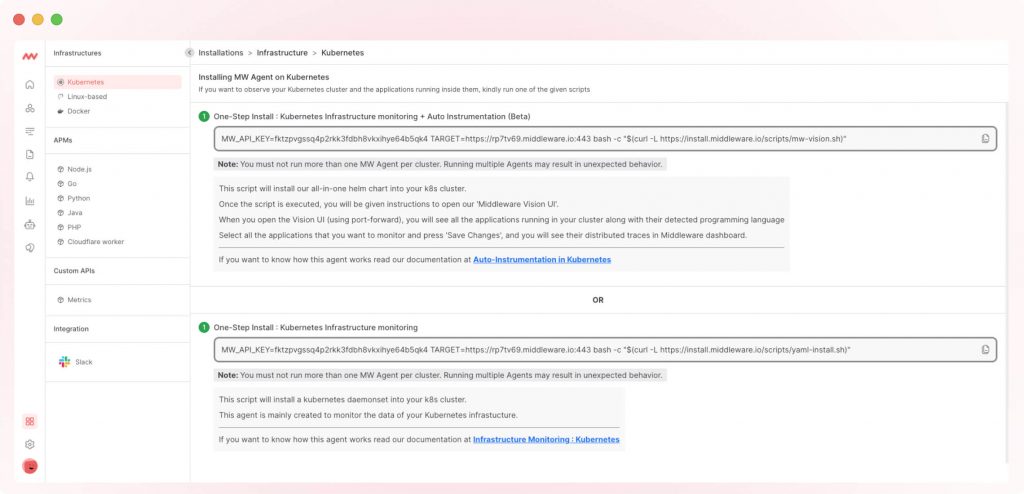 Installing Kubernetes agent in Middleware