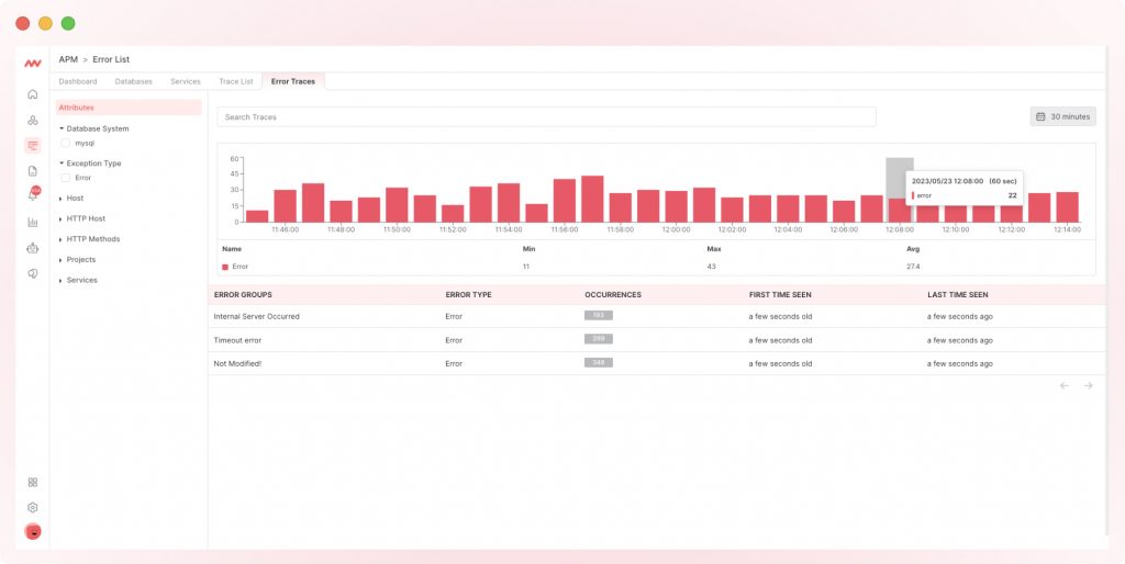 Error traces view in Middleware's Application Performance Monitoring dashboard