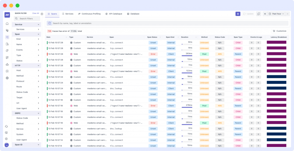 Traces list in Middleware APM