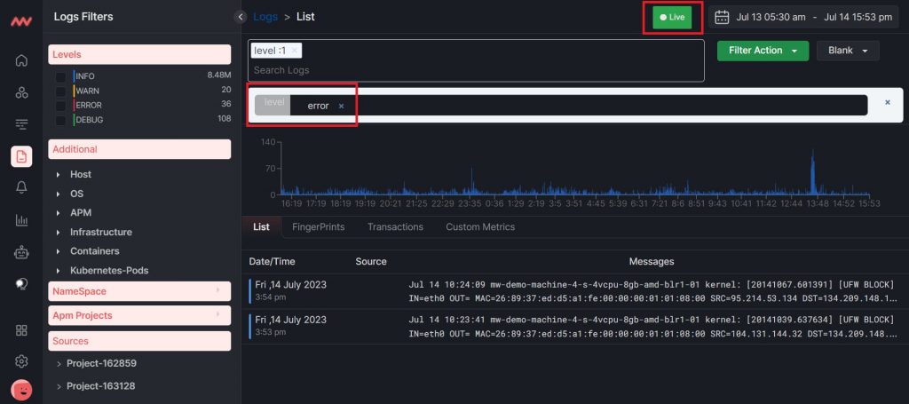 timeline view of Logs